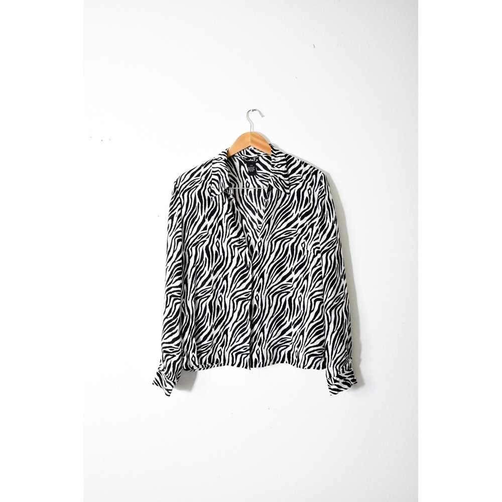 Color Fx Silk Blouse Women L Black White Zebra Print Button Up Long Sleeve y2k